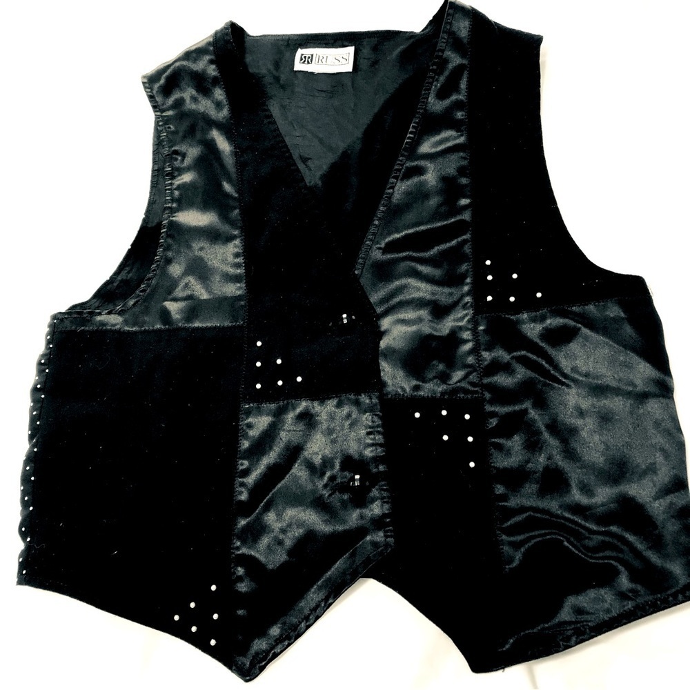 Russ Large 10-12 Quilted Black Vest with Pearls Mixed Media Polka Dot back